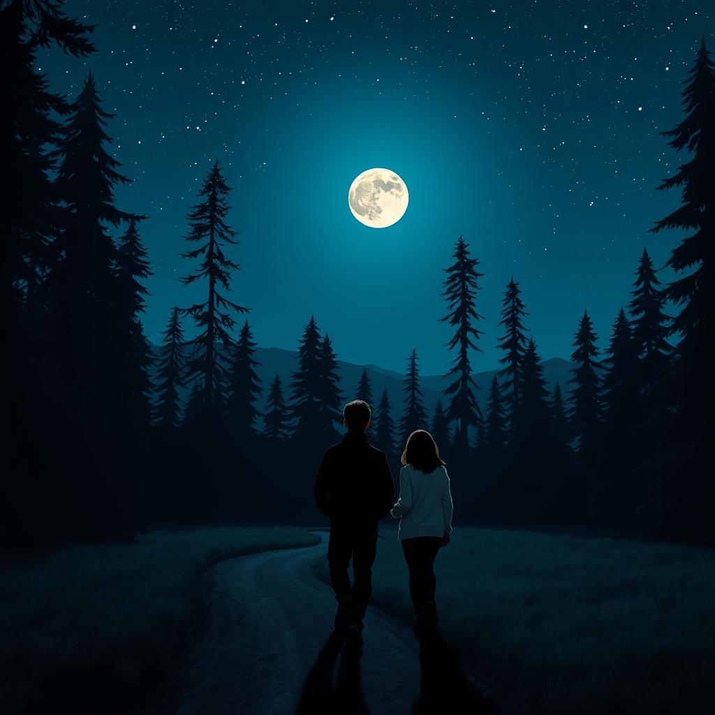 A serene night scene set in a tranquil forest, where a brother and sister are walking far away on a winding path