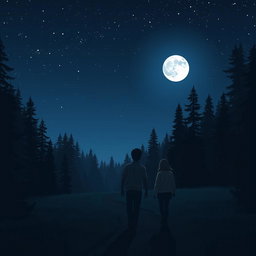 A serene night scene set in a tranquil forest, where a brother and sister are walking far away on a winding path