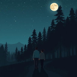 A serene night scene set in a tranquil forest, where a brother and sister are walking far away on a winding path
