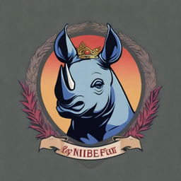 A digital art image presenting a high-quality crest featuring a rhinoceros in armor