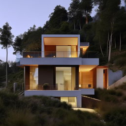 A two-block house design with stairs connecting each floor from the ground to the attic, situated in a scenic hill area