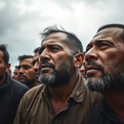 A poignant scene capturing men expressing deep emotions, tears streaming down their faces