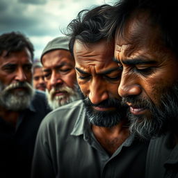 A poignant scene capturing men expressing deep emotions, tears streaming down their faces