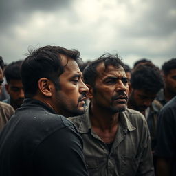 A poignant scene capturing men expressing deep emotions, tears streaming down their faces