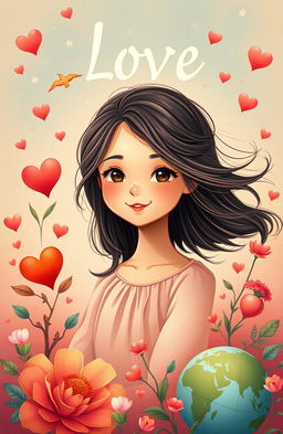 A captivating poster symbolizing love that radiates warmth and global unity, featuring a simple yet beautiful girl with an enchanting smile