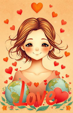 A captivating poster symbolizing love that radiates warmth and global unity, featuring a simple yet beautiful girl with an enchanting smile