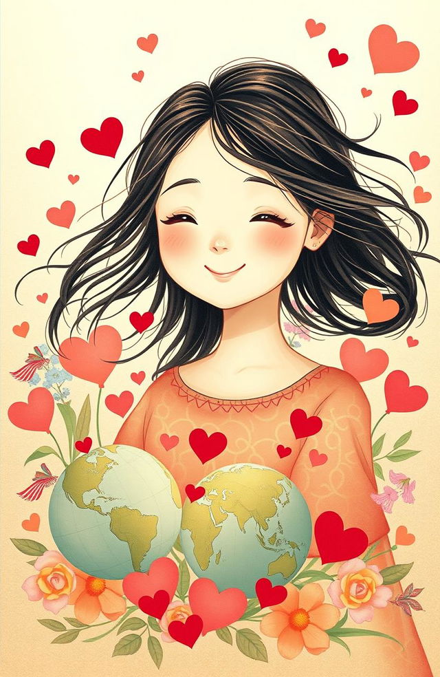 A captivating poster symbolizing love that radiates warmth and global unity, featuring a simple yet beautiful girl with an enchanting smile