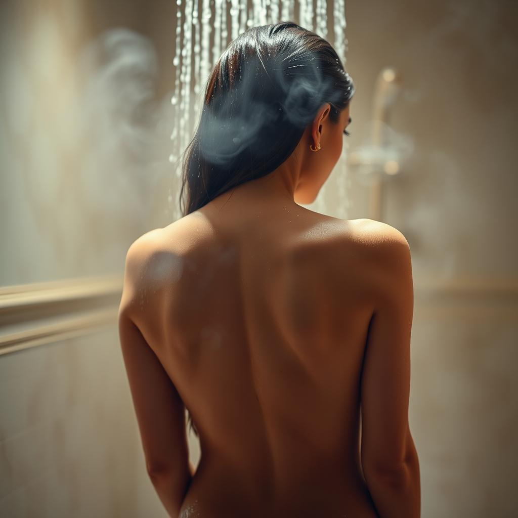 A captivating image of a woman's rear view as she showers, with water cascading down her smooth skin, creating a glistening effect