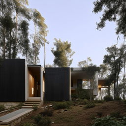 A two-block house design with stairs connecting each floor from the ground to the attic, situated in a scenic hill area