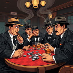 A stylized illustration of a classic mafia scene featuring a group of well-dressed mobsters in 1920s attire, complete with fedoras, pinstripe suits, and cigar smoke wafting through the air