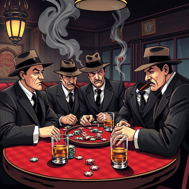 A stylized illustration of a classic mafia scene featuring a group of well-dressed mobsters in 1920s attire, complete with fedoras, pinstripe suits, and cigar smoke wafting through the air