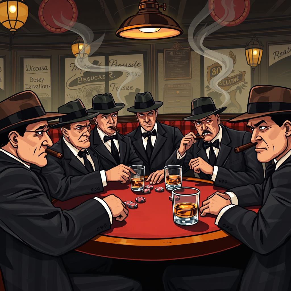 A stylized illustration of a classic mafia scene featuring a group of well-dressed mobsters in 1920s attire, complete with fedoras, pinstripe suits, and cigar smoke wafting through the air