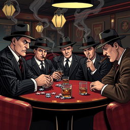 A stylized illustration of a classic mafia scene featuring a group of well-dressed mobsters in 1920s attire, complete with fedoras, pinstripe suits, and cigar smoke wafting through the air