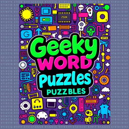 A vibrant and engaging cover design for a Word Search Puzzle Book aimed at geeks