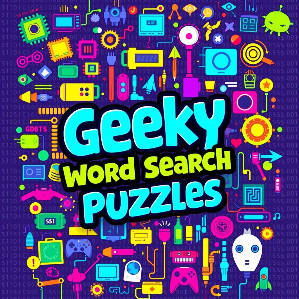 A vibrant and engaging cover design for a Word Search Puzzle Book aimed at geeks