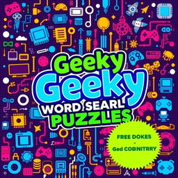 A vibrant and engaging cover design for a Word Search Puzzle Book aimed at geeks