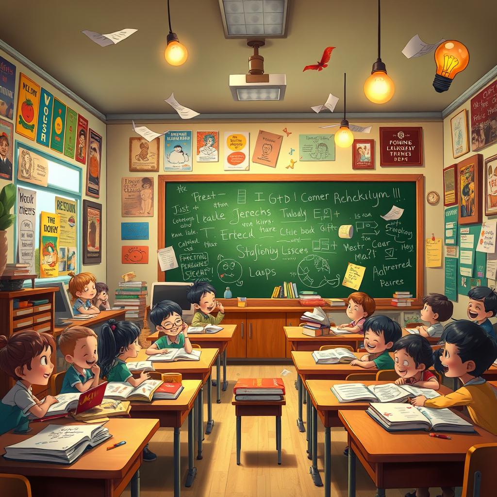 A captivating animated classroom filled with vibrant colors and lively characters, each corner showcasing a multitude of memories