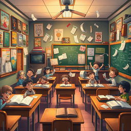 A captivating animated classroom filled with vibrant colors and lively characters, each corner showcasing a multitude of memories