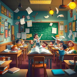 A captivating animated classroom filled with vibrant colors and lively characters, each corner showcasing a multitude of memories