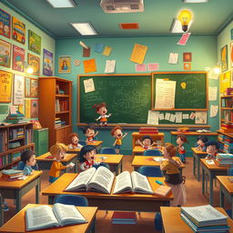 A captivating animated classroom filled with vibrant colors and lively characters, each corner showcasing a multitude of memories