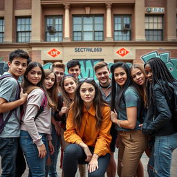A dynamic and intriguing scene depicting high school students in a modern urban setting, showcasing their involvement in a playful yet serious 'Mafia' game