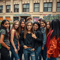 A dynamic and intriguing scene depicting high school students in a modern urban setting, showcasing their involvement in a playful yet serious 'Mafia' game