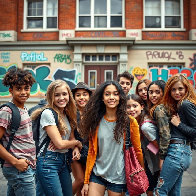 A dynamic and intriguing scene depicting high school students in a modern urban setting, showcasing their involvement in a playful yet serious 'Mafia' game