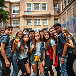 A dynamic and intriguing scene depicting high school students in a modern urban setting, showcasing their involvement in a playful yet serious 'Mafia' game