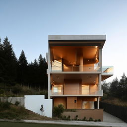 A two-block house design with stairs connecting each floor from the ground to the attic, situated in a scenic hill area