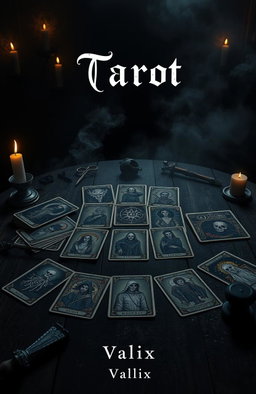 A dark and mysterious scene that embodies the theme of horror, featuring an intricate and eerie Tarot card spread laid out on a weathered dark wooden table