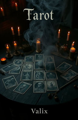 A dark and mysterious scene that embodies the theme of horror, featuring an intricate and eerie Tarot card spread laid out on a weathered dark wooden table