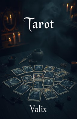 A dark and mysterious scene that embodies the theme of horror, featuring an intricate and eerie Tarot card spread laid out on a weathered dark wooden table
