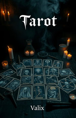 A dark and mysterious scene that embodies the theme of horror, featuring an intricate and eerie Tarot card spread laid out on a weathered dark wooden table