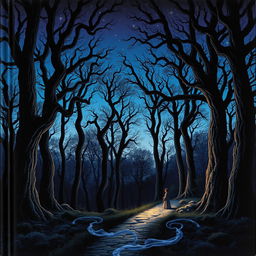 A captivating book cover depicting a mysterious forest at twilight