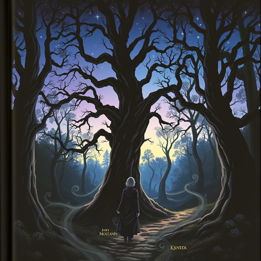 A captivating book cover depicting a mysterious forest at twilight