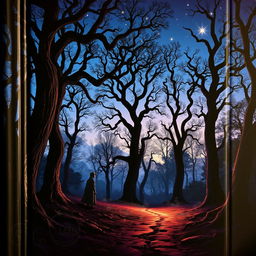 A captivating book cover depicting a mysterious forest at twilight