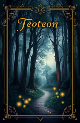 A captivating book cover design that features a mystical forest at twilight, with tall, ancient trees shrouded in mist