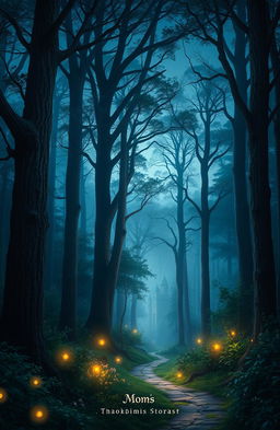 A captivating book cover design that features a mystical forest at twilight, with tall, ancient trees shrouded in mist