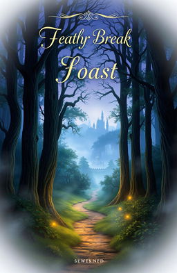 A captivating book cover design that features a mystical forest at twilight, with tall, ancient trees shrouded in mist