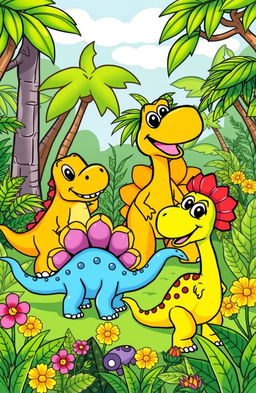 A vibrant and playful scene featuring a variety of cartoon dinosaurs in a prehistoric jungle setting
