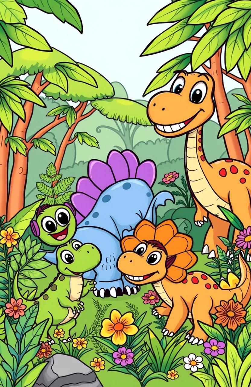 A vibrant and playful scene featuring a variety of cartoon dinosaurs in a prehistoric jungle setting