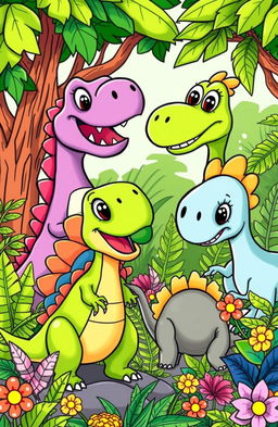 A vibrant and playful scene featuring a variety of cartoon dinosaurs in a prehistoric jungle setting