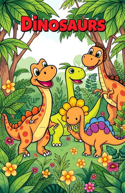 A vibrant and playful scene featuring a variety of cartoon dinosaurs in a prehistoric jungle setting