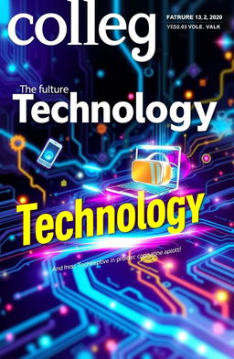 An eye-catching and modern college magazine cover featuring a vibrant and futuristic technology theme