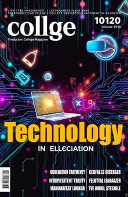 An eye-catching and modern college magazine cover featuring a vibrant and futuristic technology theme