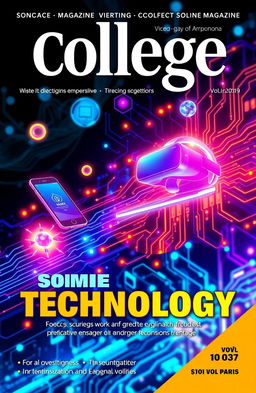 An eye-catching and modern college magazine cover featuring a vibrant and futuristic technology theme