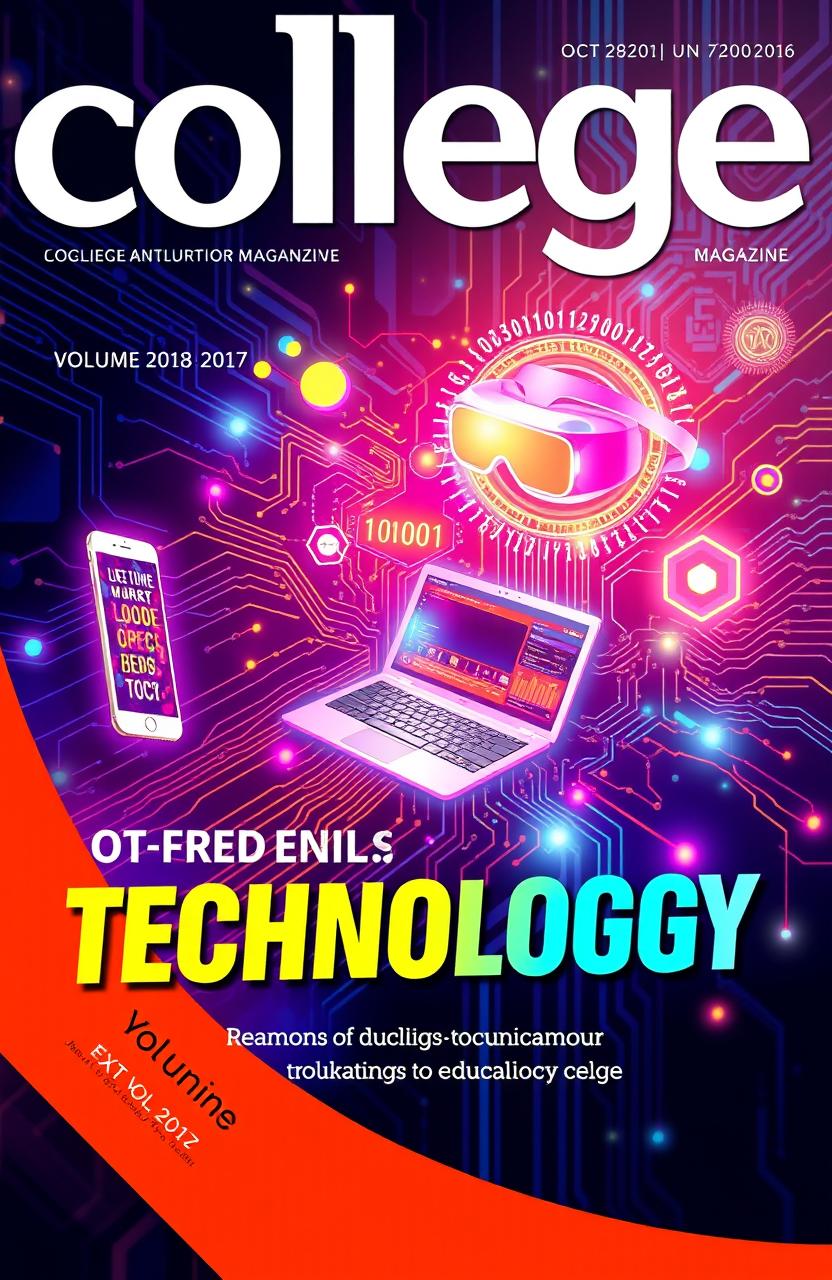 An eye-catching and modern college magazine cover featuring a vibrant and futuristic technology theme
