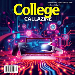 An eye-catching and modern college magazine cover featuring a vibrant and futuristic technology theme
