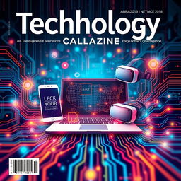 An eye-catching and modern college magazine cover featuring a vibrant and futuristic technology theme