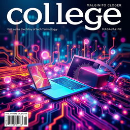 An eye-catching and modern college magazine cover featuring a vibrant and futuristic technology theme